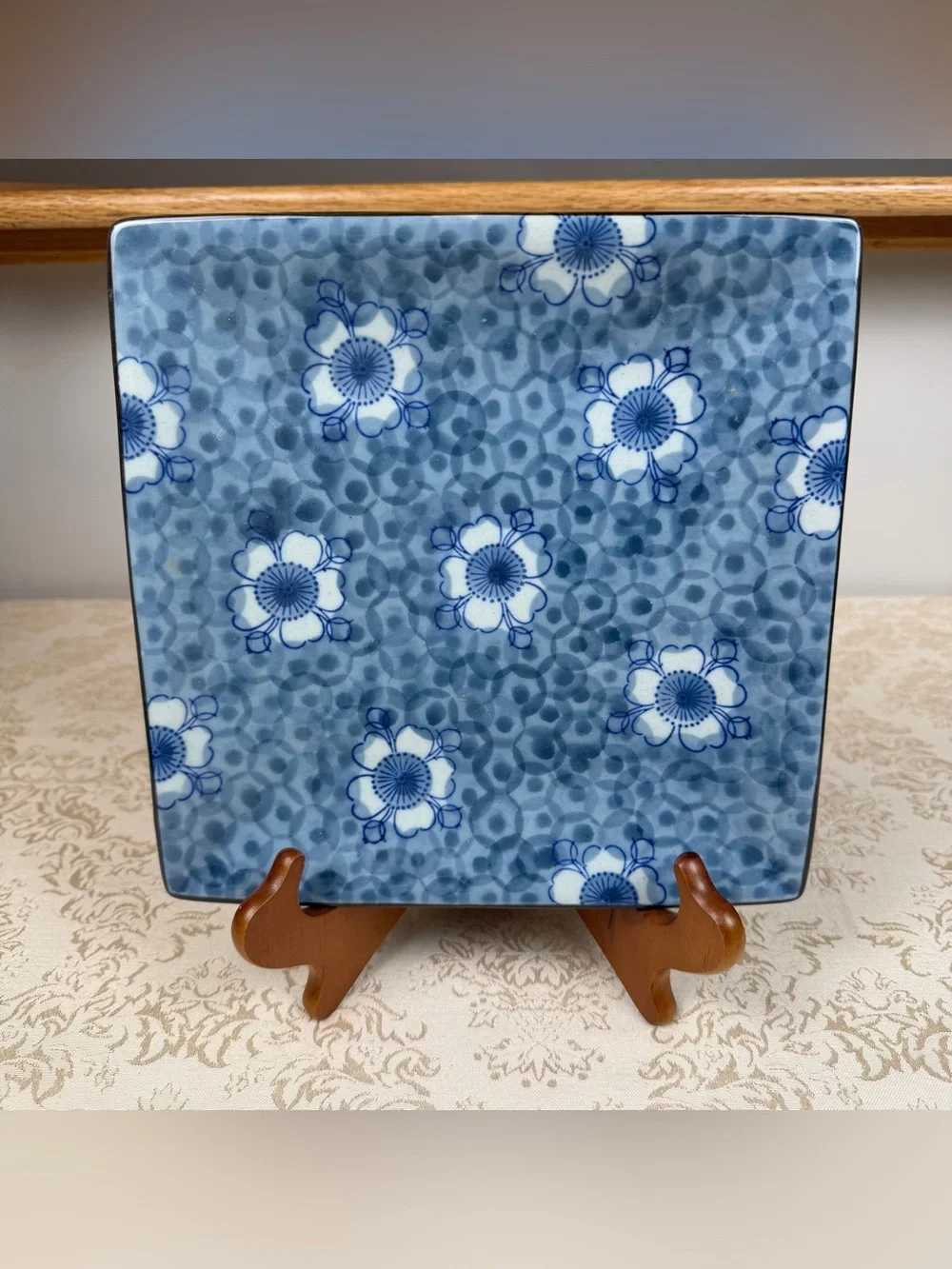 Blue Floral Patterned Square Dinner Plate 9 Inch